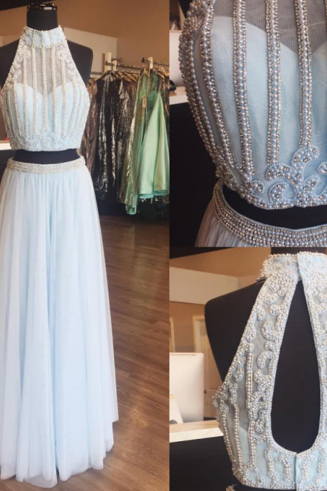 Two Piece Halter Prom Dress,beaded Celebrity Prom Dresses, Wedding Party Dresses Formal Gowns