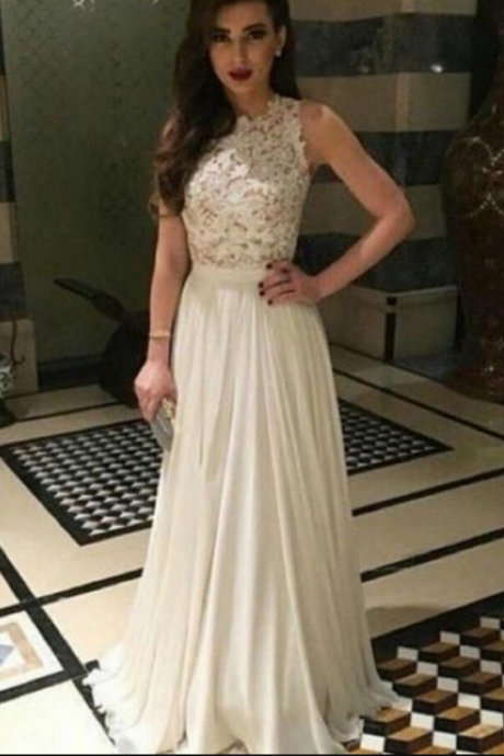 A-line Lace Top High Neck Chiffon Long Prom Dress-elegant Sleeveless Prom Dress