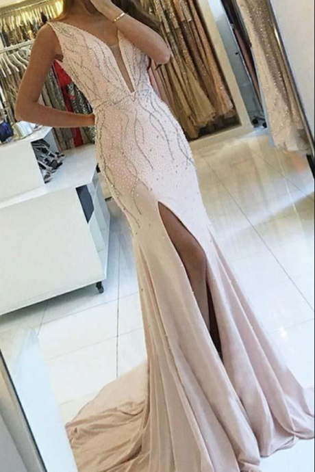 Pink Pearl V-neck Prom Dress Sheath Pageant Dresses With Sweep Train