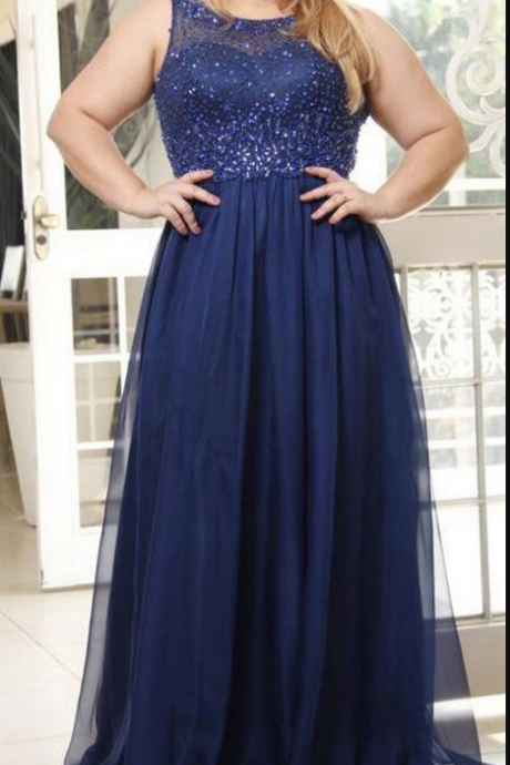 Plus Size Navy Tulle Beaded Top Long Prom Dress