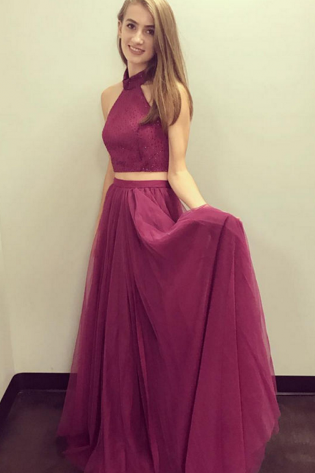 Modern Two Piece A-line Halter Burgundy Tulle Long Prom/evening Dress With Sequins