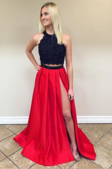 Sexy Sleeveless Prom Dress, Black Lace Top Prom Dress, Split Side Red Evening Dress,