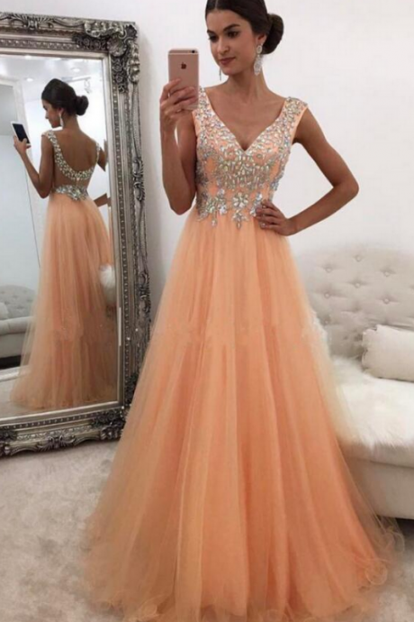 Sexy Tulle Beaded Prom Dress,tulle Long Prom Dress With Low Back, Prom Dress