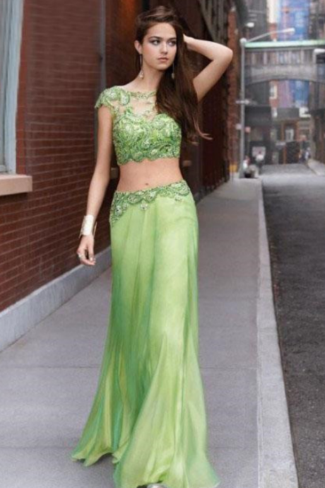 Two Pieces Prom Dresses ,o Neck Prom Dresses , Long A Line Prom Dresses , Chiffon Crystal Beads Prom Dresses