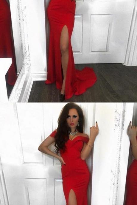 Red Off The Shoulder Long Prom Dresses, Unique Mermaid Evening Dresses With Split, Mermaid Off The Shoulder Sweep Train Red Stretch Satin Prom