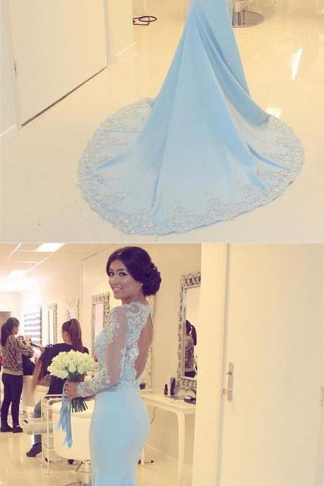 Light Blue Prom Dress, Sexy Full Sleeve Evening Dress, Mermaid Prom Dresses,appliques Lace Long Dress