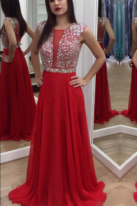Prom Dress, Crystal Prom Dress, Cap Sleeves Prom Dress, Long Prom Dress, Red Prom Dress, Chiffon Prom Dress