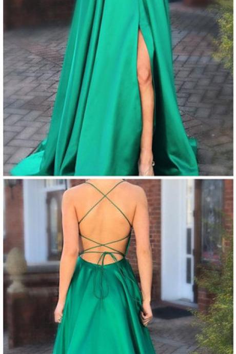 Green Prom Dresses With Pocket Long Backless Slit Formal Evening Ball Gowns