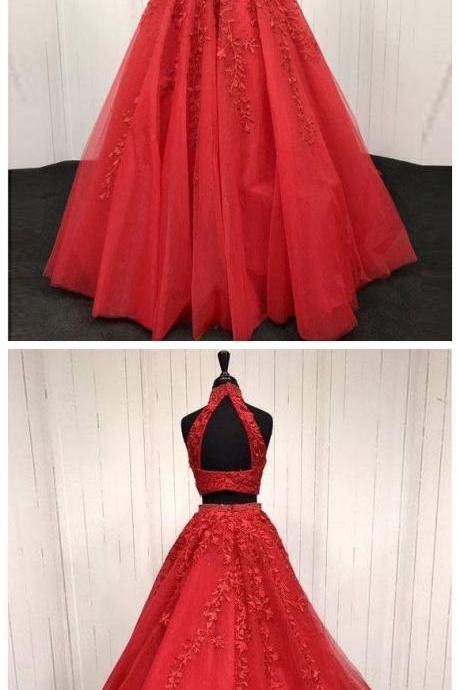 Lace Appliqued Two Piece Long Red Prom/pageant Dresses