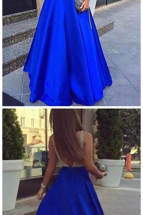 A-line V-neck Beaded Bodice Royal Blue Long Prom Dresses With Pocket