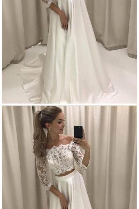 A-line/princess Lace Bodice 3/4 Sleeves Two Pieces Simple Wedding Dresses