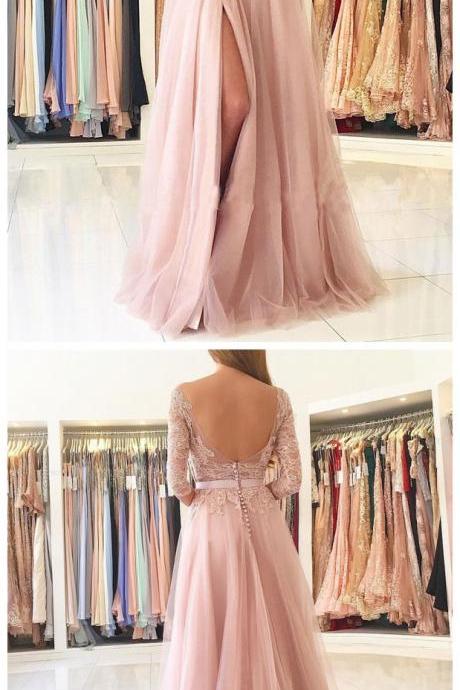 A-line Illusion Neck Lace And Tulle Skirt Half Sleeves Long Prom Dresses