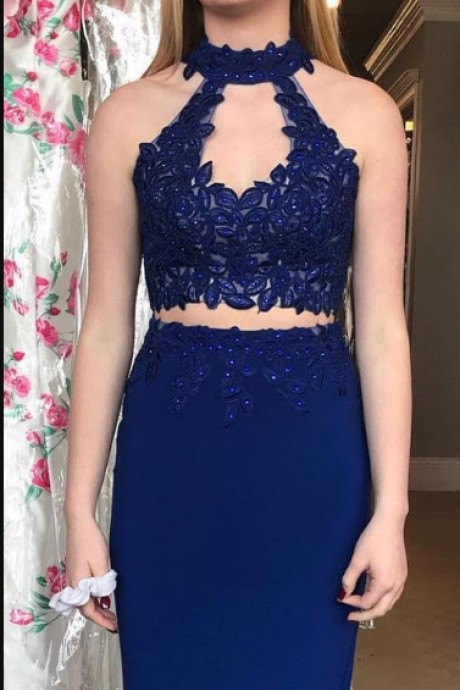 Appliques Navy Blue Two Piece Long Prom Dress With Beaded, Sexy Prom Dresses For Teens