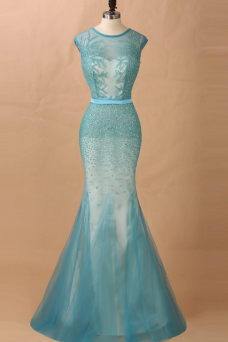 Sheer Beaded Mermaid Long Prom Dress, Evening Dress