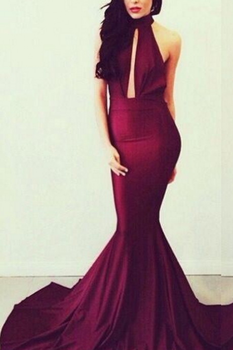 Burgundy Satin High Halter Neck Floor Length Mermaid Prom Dress Featuring Cutout Front And Sweep Train