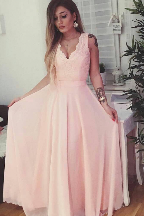 Pink Chiffon Long Prom Dresses A-line Sleeveless Evening Dresses Sexy Women Formal Gowns V Neck Party Dresses Plus Size