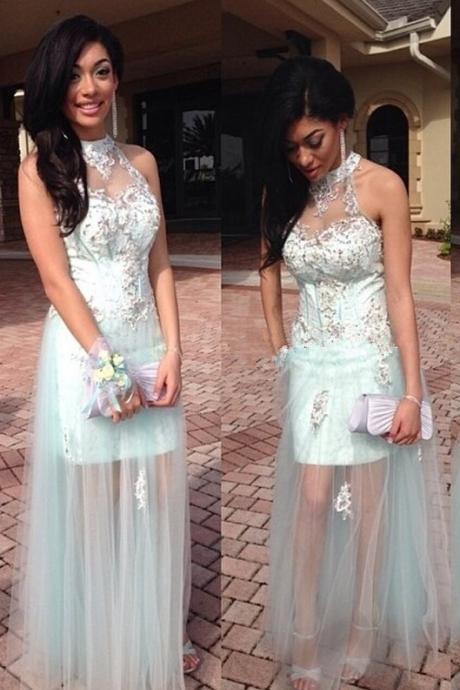 A-line High Neck Prom Dress 2018 Mint Appliques Beaded Sexy See Through Tulle Evening Formal Dresses Girls Party Gowns