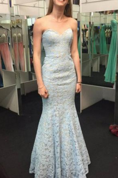 Light Blue Sweetheart Lace Sheath Mermaid Prom Dress, Evening Dress