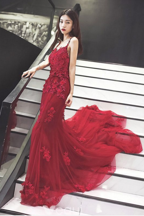 Mermaid Prom Dress,spaghetti Straps Red Prom Dresses,tulle Long Prom Dress,evening Dress With Appliques,evening Dresses