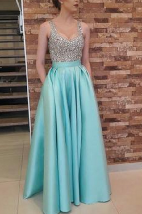 Long Satin Beaded Prom Dresses, A-line Evening Formal Gowns, Sexy Party Dress, Graduation Dresses With Pockets