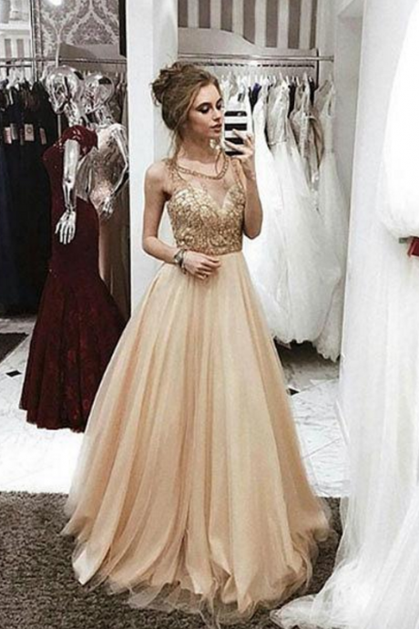 Champagne Round Neck Prom Dress,beaded Long Prom Dresses, Champagne Evening Dress