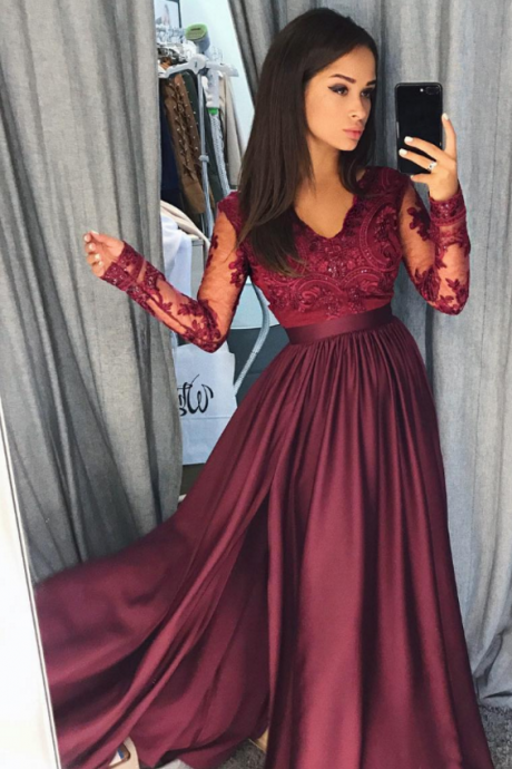 Wine Red Order Ball Gown Prom Dress, A Line Formal Dress, Long Sleeves Evening Dress