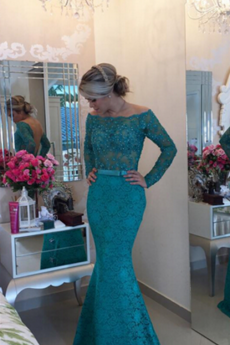 Long Sleeve Prom Dress,mermaid Beadings Lace Prom Dress,see Through Prom Dress,long Sleeve Mermaid Lace Evening Dress,off The Shoulder Prom