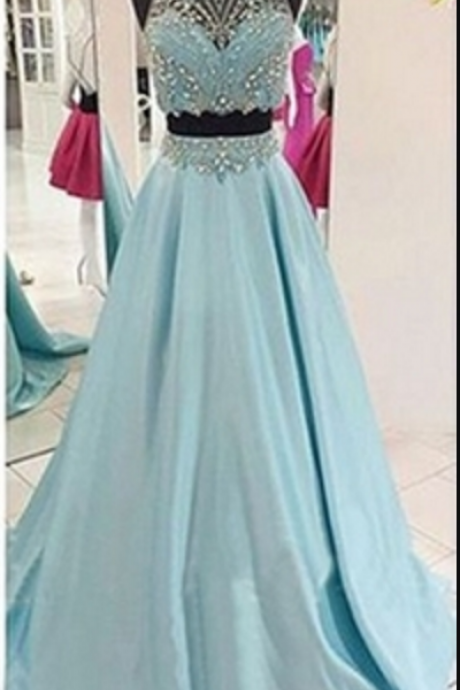 Women Dress,prom Dress,two Pieces Long Prom Dress,ice Blue Beading Stain Long Prom Dresses