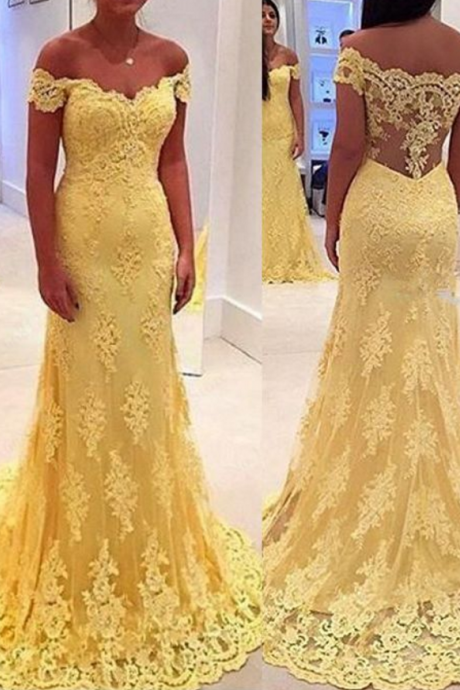 Sexy Prom Dress, Yellow Lace Prom Dresses,vintage Mermaid Off-shoulder Yellow Evening,prom Dress With Lace Appliques ,special Occasion Dresses