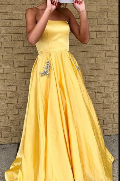 Strapless Yellow Long Homecoming Dress Prom Dress, Elegant Long Prom Dress With Pockets