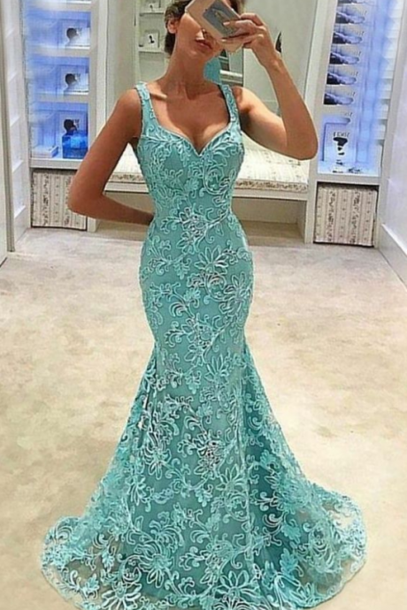 Elegant Light Blue Mermaid Prom Dress With Sweep Train,evening Dress