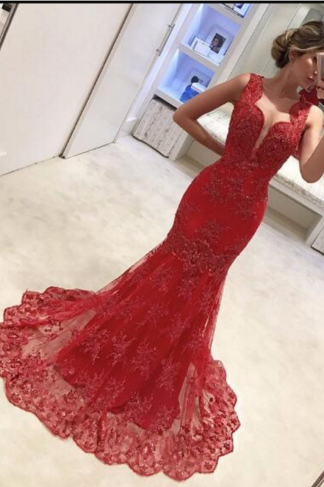 Charming Red Appliques Mermaid Prom Dress, Beaded Sleeveless Prom Dresses, Long Evening Dress