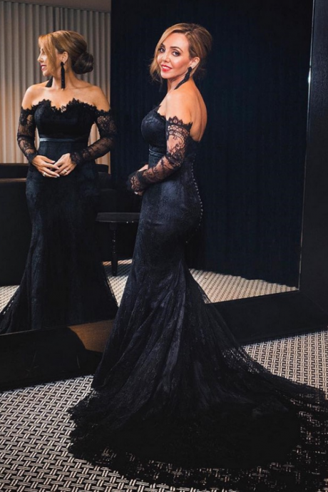 Elegant Off-the-shoulder Black Prom Dress, Lace Mermaid Evening Dress, Sexy Long Sleeves Party Dress