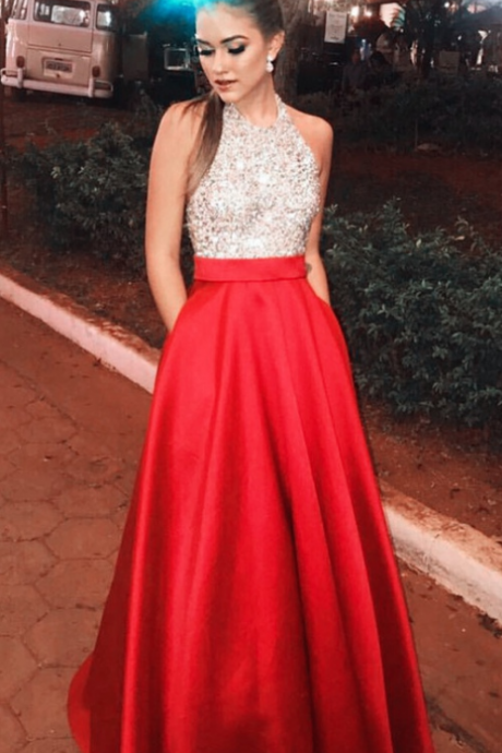 Red Beading Prom Dresses Long Ever Pretty Backless Evening Gowns A Line Formal Dress