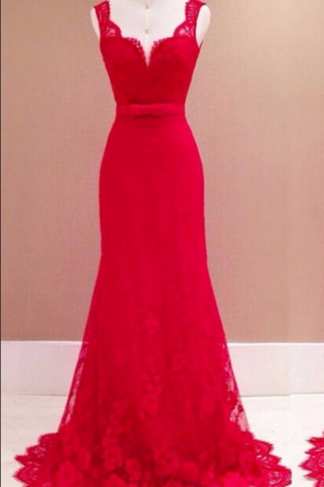 Real Photos Red Lace Prom Dresses Long Floor Length Evening Gowns Women Formal Banquet Party Dress