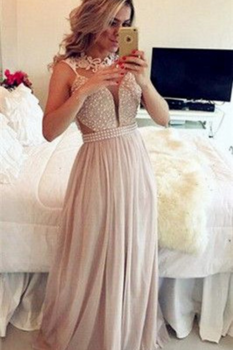 Sexy Prom Dress Jewel Neckline With Lace Around The Neck Sheer Back Floor Length Long Party Dress