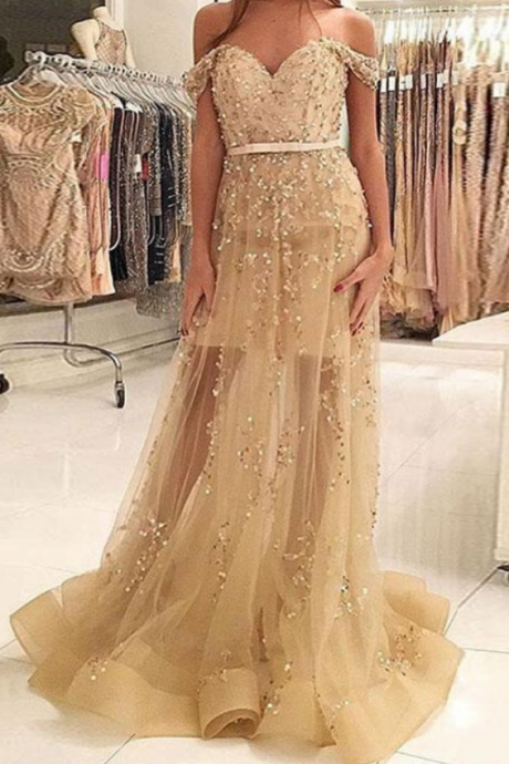 A-line Off-shoulder, Gold Tulle, Long Prom/evening Dress With Sequins ,sexy Formal Gown , Long Prom Dress, Fashion,custom Made