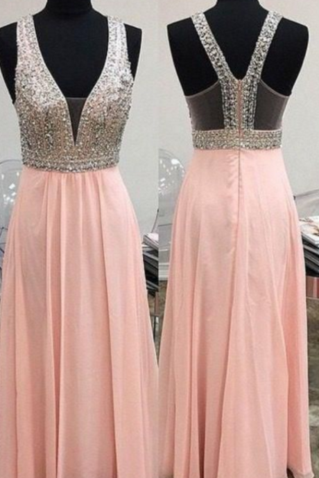 Charming Pink Chiffon ,backless Prom Dresses ,v Neck Silver Beaded ,floor Long Prom Dress , Long Prom/evening Dress , Fashion,custom Made
