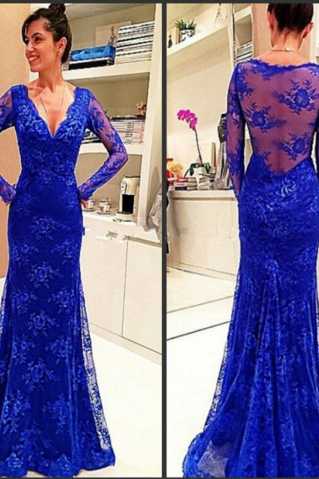 Charming Evening Dress, Full Sleeve Lace Mermaid Prom Dresses, Long Evening Dress