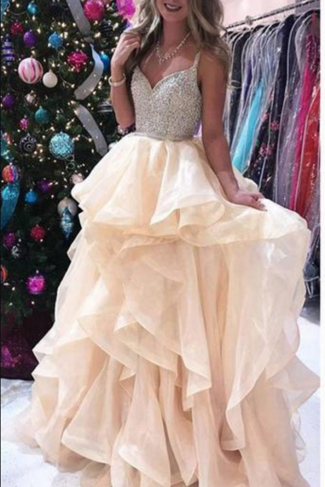Organza Tiered Prom Dress With Beaded Bodice