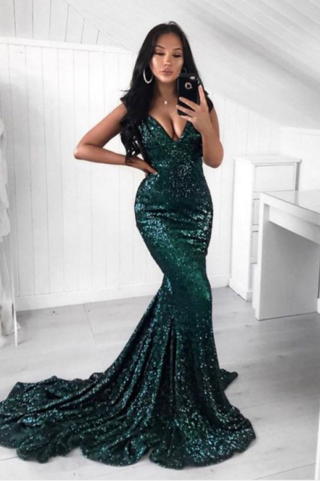 V Neck Dark Green Sequin Mermaid Prom Dress