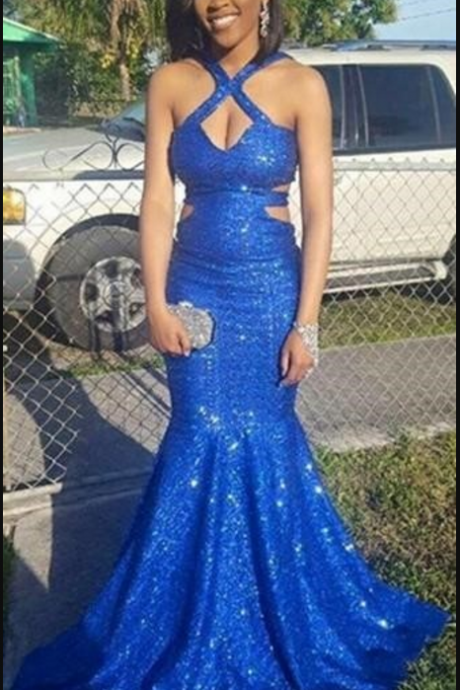Royal Blue Sequined Sexy Prom Dresses 2018 Long Cutaway Sides Mermaid Evening Dress Sexy Back Shinning Party Dress Yong Girls Formal Wear