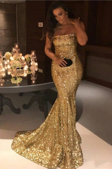 Bling Bling Sequined Mermaid Long Prom Dresses Strapless Zipper Back Sexy Maid Of Honor Dress High Quality