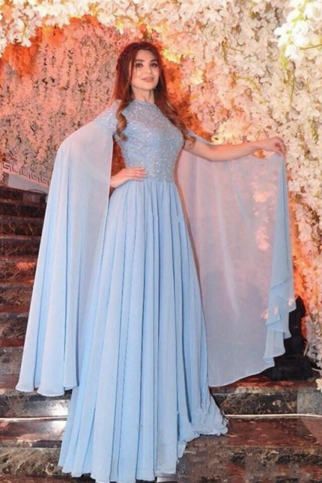 Arabic Prom Dresses A Line Jewel Long Sleeve Floor Length Evening Gowns With Beads Chiffon Formal Party Gowns