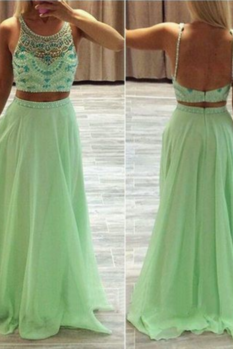 Custom High Quality Two Pieces Prom Dress , Two-piece Prom Dress,2 Piece Prom Dress,round Neck Prom Dress,beautiful Beading Prom Dress,evening