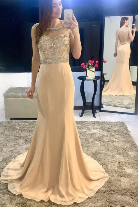 High Quality Beading Bodice Champagne Chiffon Mermaid Evening Dress Backless Prom Gowns Floor Length Party Dresses