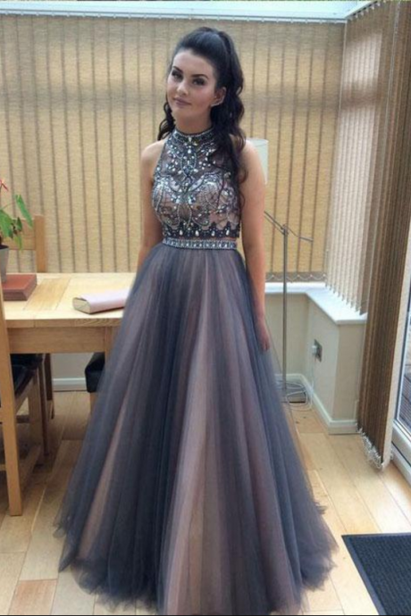 A-line Halter High Neck Beaded Top Tulle 2 Piece Long Prom Dresses