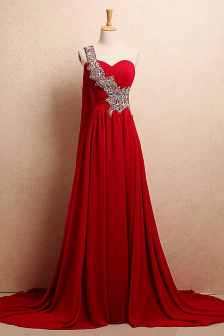 High Quality One Shoulder Sweep Train Red Ruched Prom Dress With Beading Women Formal Party Dress Gowns For Weddings