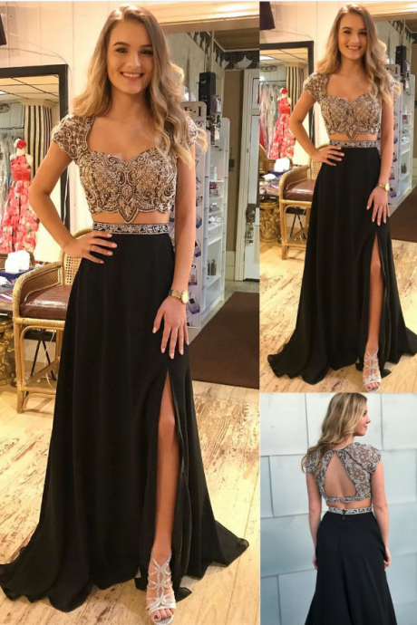 Two Piece Scoop Cap Sleeves Open Back Black Prom Dress With Beading Split