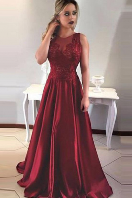 A-line Round Neck V-back Maroon Satin Prom Dresses With Lace